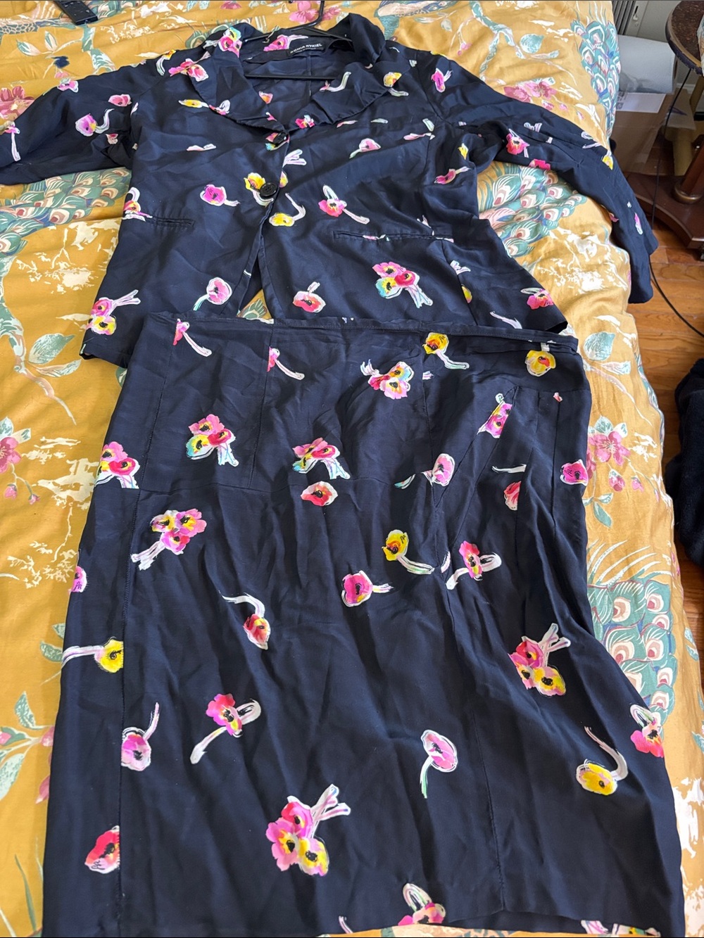 Sonia Rykiel Black Floral Skirt and Jacket Set